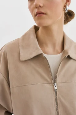Shop LAMARQUE CADEN | Oversized Suede Bomber Jacket Sand