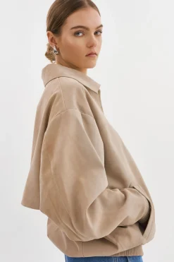 Shop LAMARQUE CADEN | Oversized Suede Bomber Jacket Sand