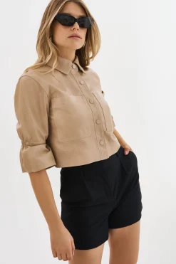 Best LAMARQUE CAROLINA | Leather Ruffle Sleeve Jacket Beige