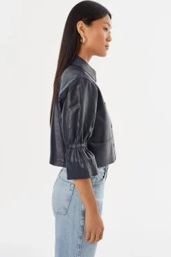 Clearance LAMARQUE CAROLINA | Leather Ruffle Sleeve Jacket Navy