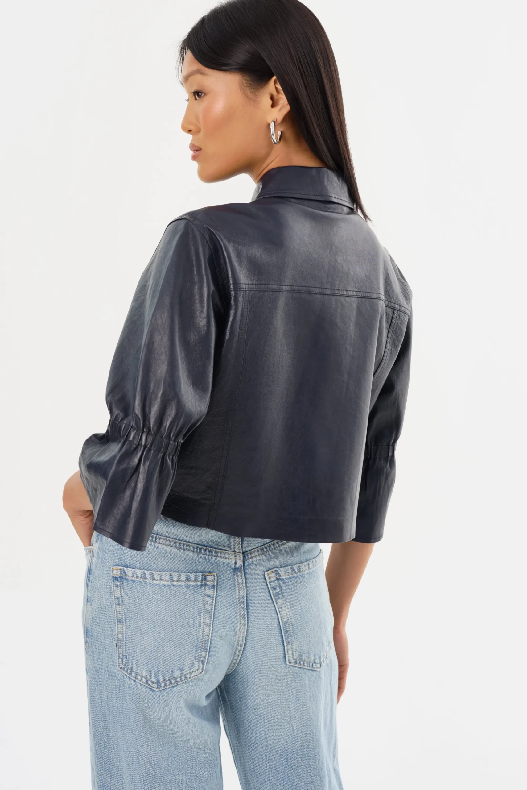 Clearance LAMARQUE CAROLINA | Leather Ruffle Sleeve Jacket Navy