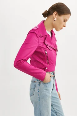 Online LAMARQUE CIARA | Cropped Leather Biker Jacket Fuchsia