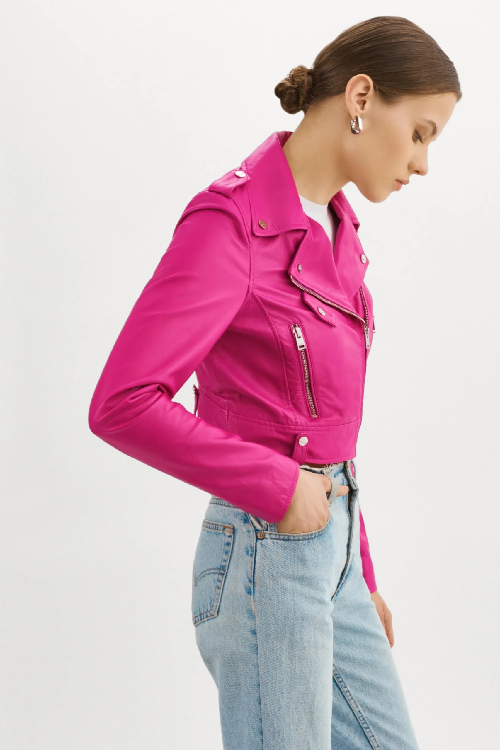 Online LAMARQUE CIARA | Cropped Leather Biker Jacket Fuchsia