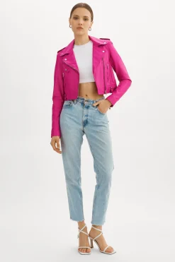 Online LAMARQUE CIARA | Cropped Leather Biker Jacket Fuchsia