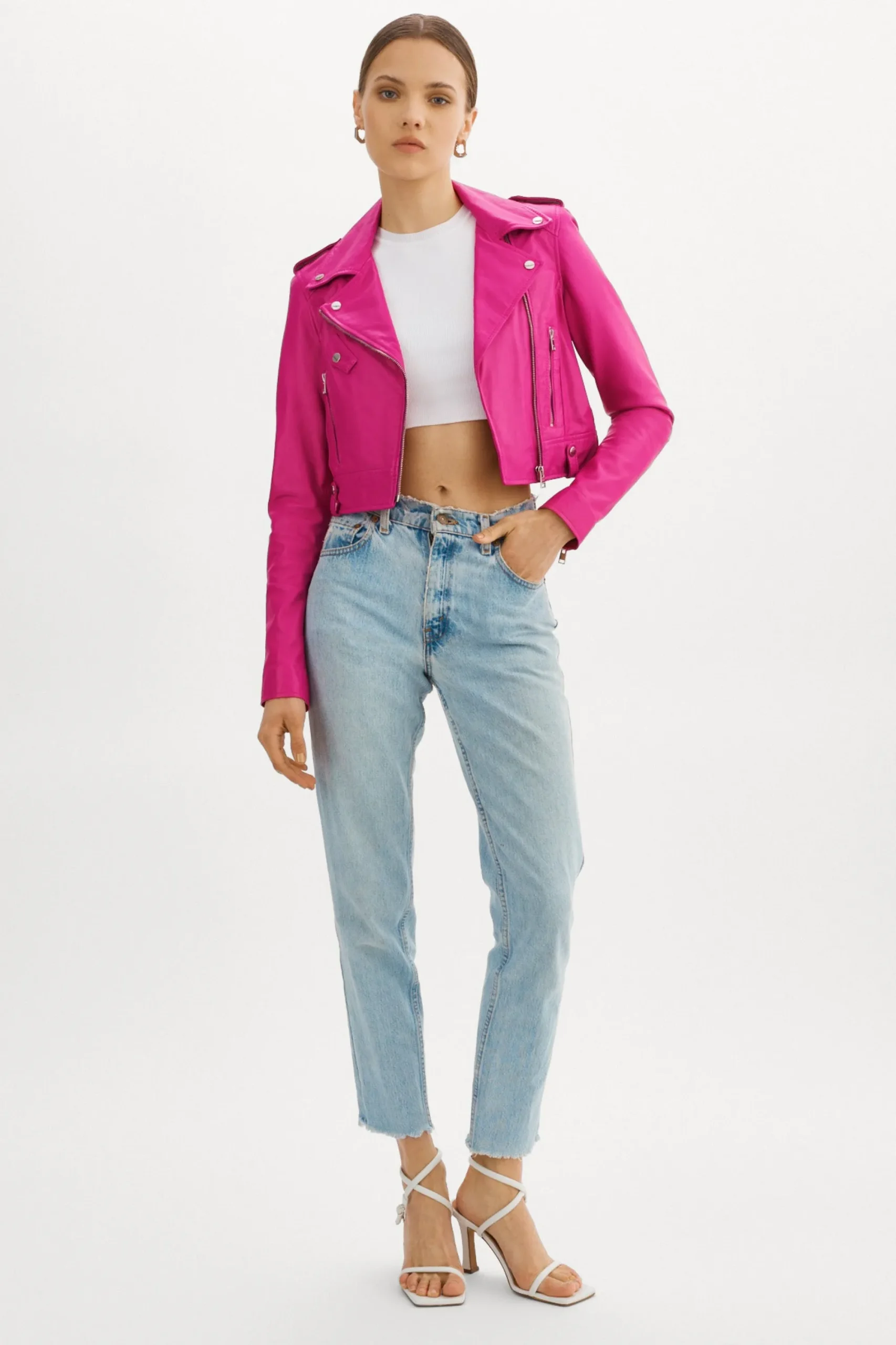 Online LAMARQUE CIARA | Cropped Leather Biker Jacket Fuchsia