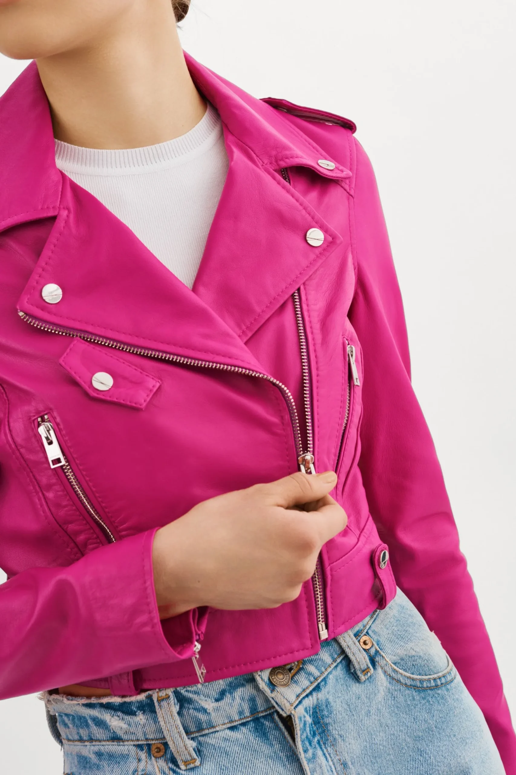 Online LAMARQUE CIARA | Cropped Leather Biker Jacket Fuchsia