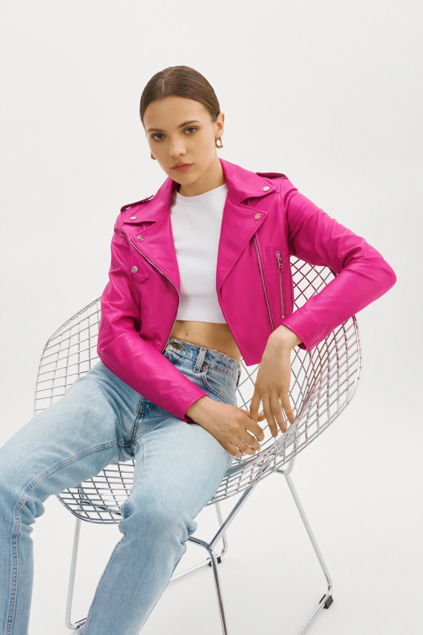 Online LAMARQUE CIARA | Cropped Leather Biker Jacket Fuchsia