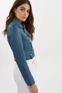 Flash Sale LAMARQUE CIARA | Cropped Leather Biker Jacket Slate Blue