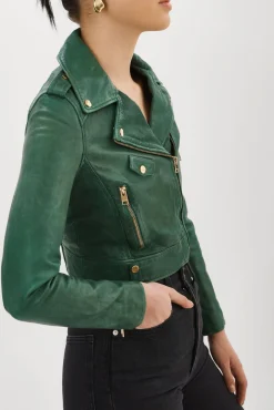Best LAMARQUE CIARA GOLD | Cropped Leather Biker Jacket Bottle Green