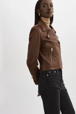 New LAMARQUE DONNA GOLD | Iconic Leather Biker Jacket Chocolate