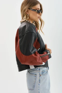 Clearance LAMARQUE DUSTIN | Leather Racer Jacket Black/Winter White/Ruby Red