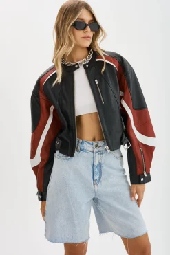 Clearance LAMARQUE DUSTIN | Leather Racer Jacket Black/Winter White/Ruby Red