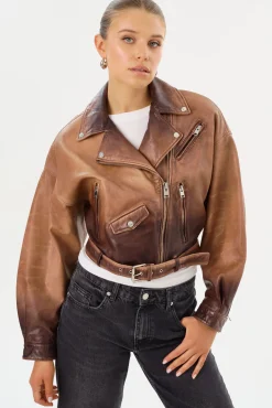 Discount LAMARQUE DYLAN | 80's Leather Biker Jacket Almond Shadow
