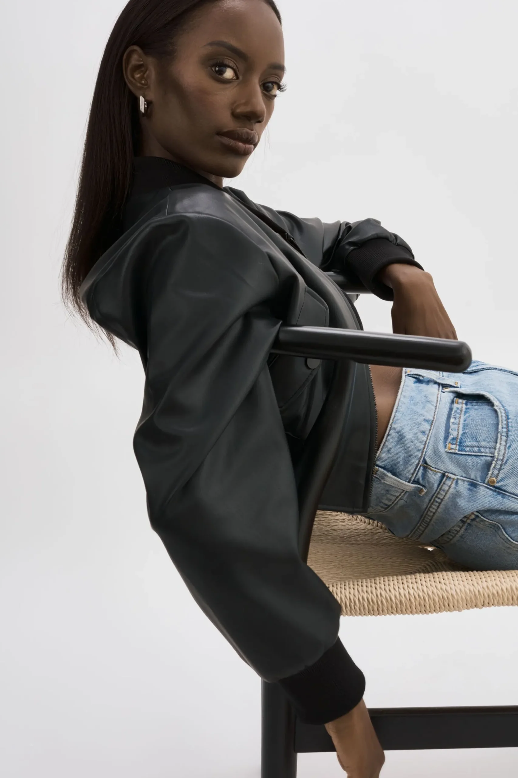 Discount LAMARQUE EVELIN | Faux Leather Cropped Bomber Black