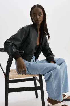 Discount LAMARQUE EVELIN | Faux Leather Cropped Bomber Black