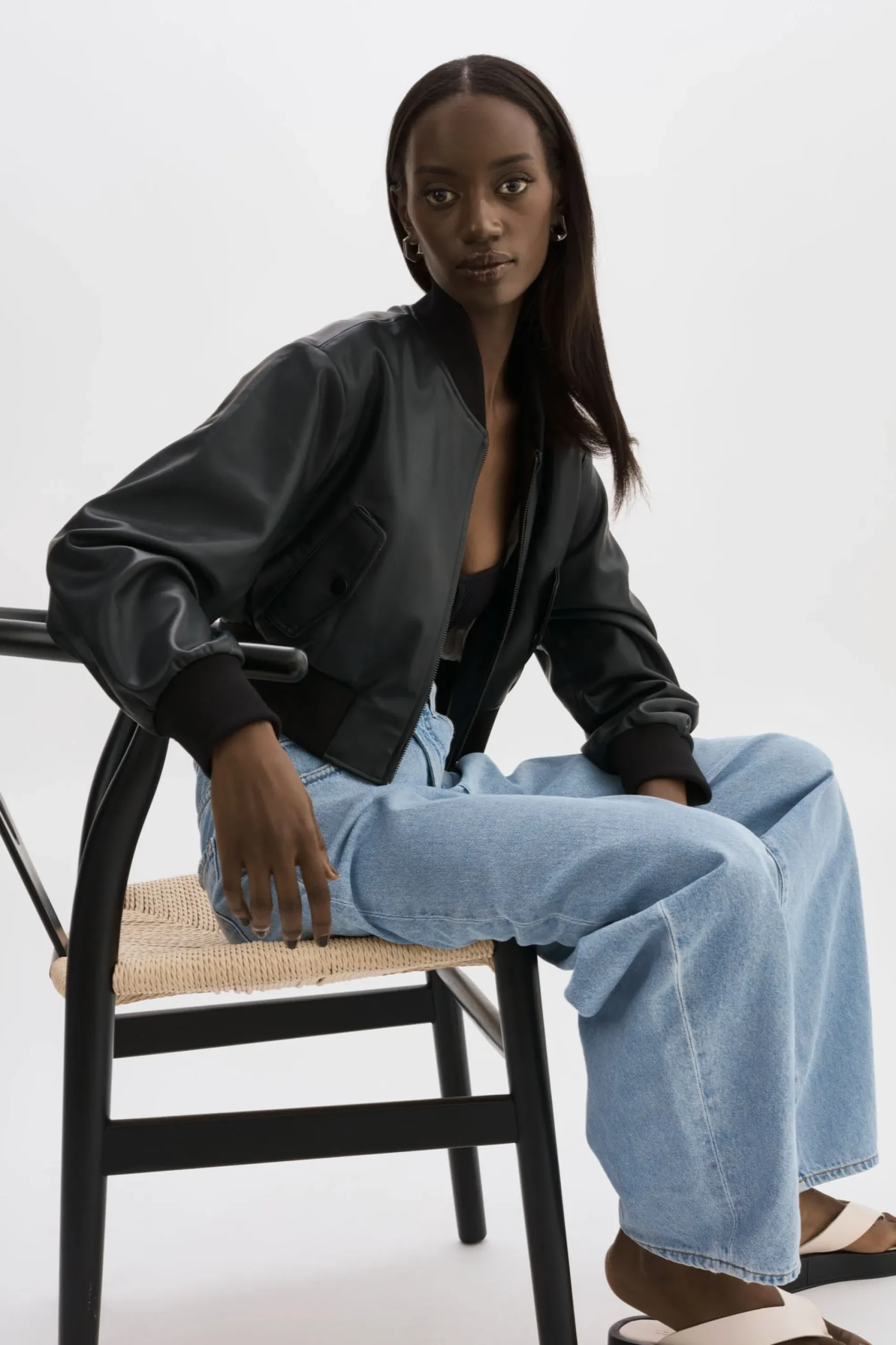 Discount LAMARQUE EVELIN | Faux Leather Cropped Bomber Black