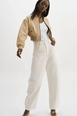 Shop LAMARQUE EVELIN | Faux Leather Cropped Bomber Wheat