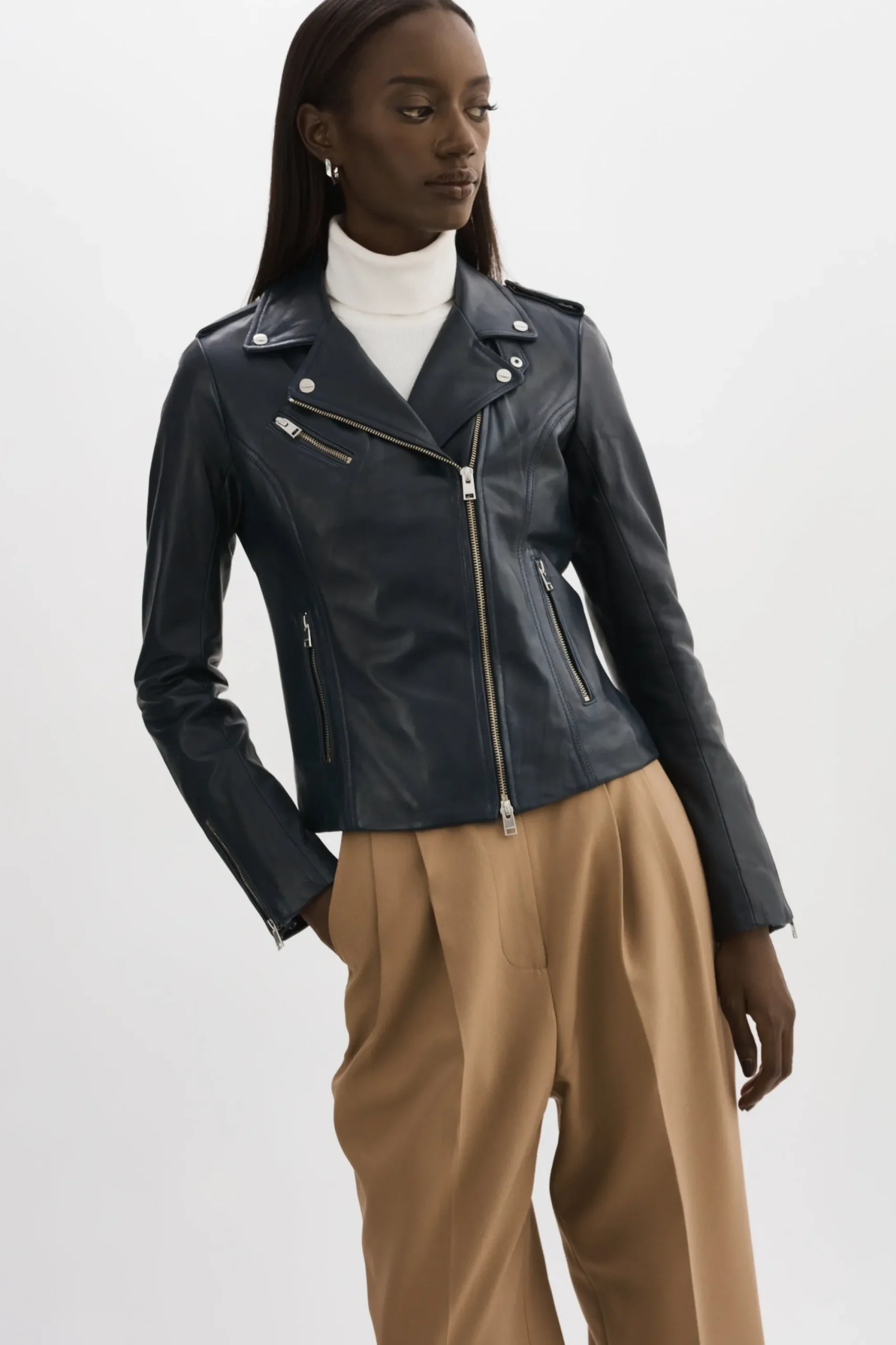 Clearance LAMARQUE HARPER | Fitted Leather Biker Jacket Navy