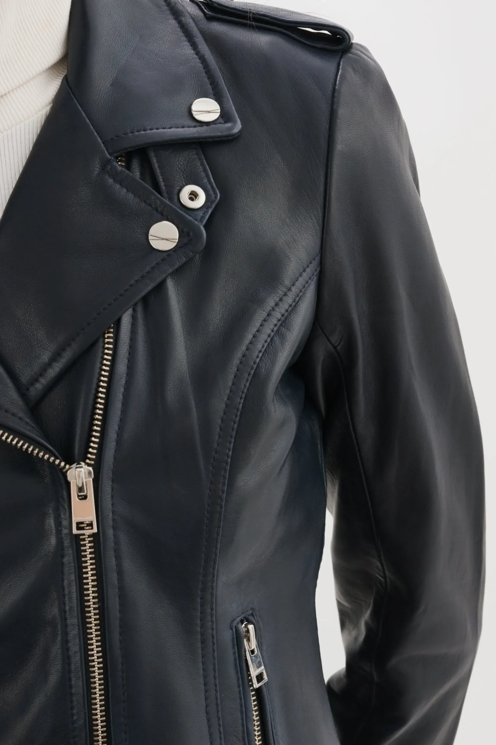 Clearance LAMARQUE HARPER | Fitted Leather Biker Jacket Navy