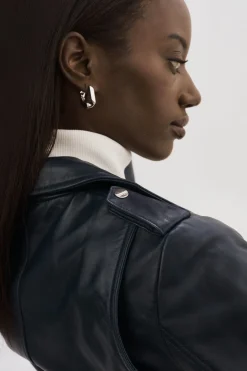 Clearance LAMARQUE HARPER | Fitted Leather Biker Jacket Navy
