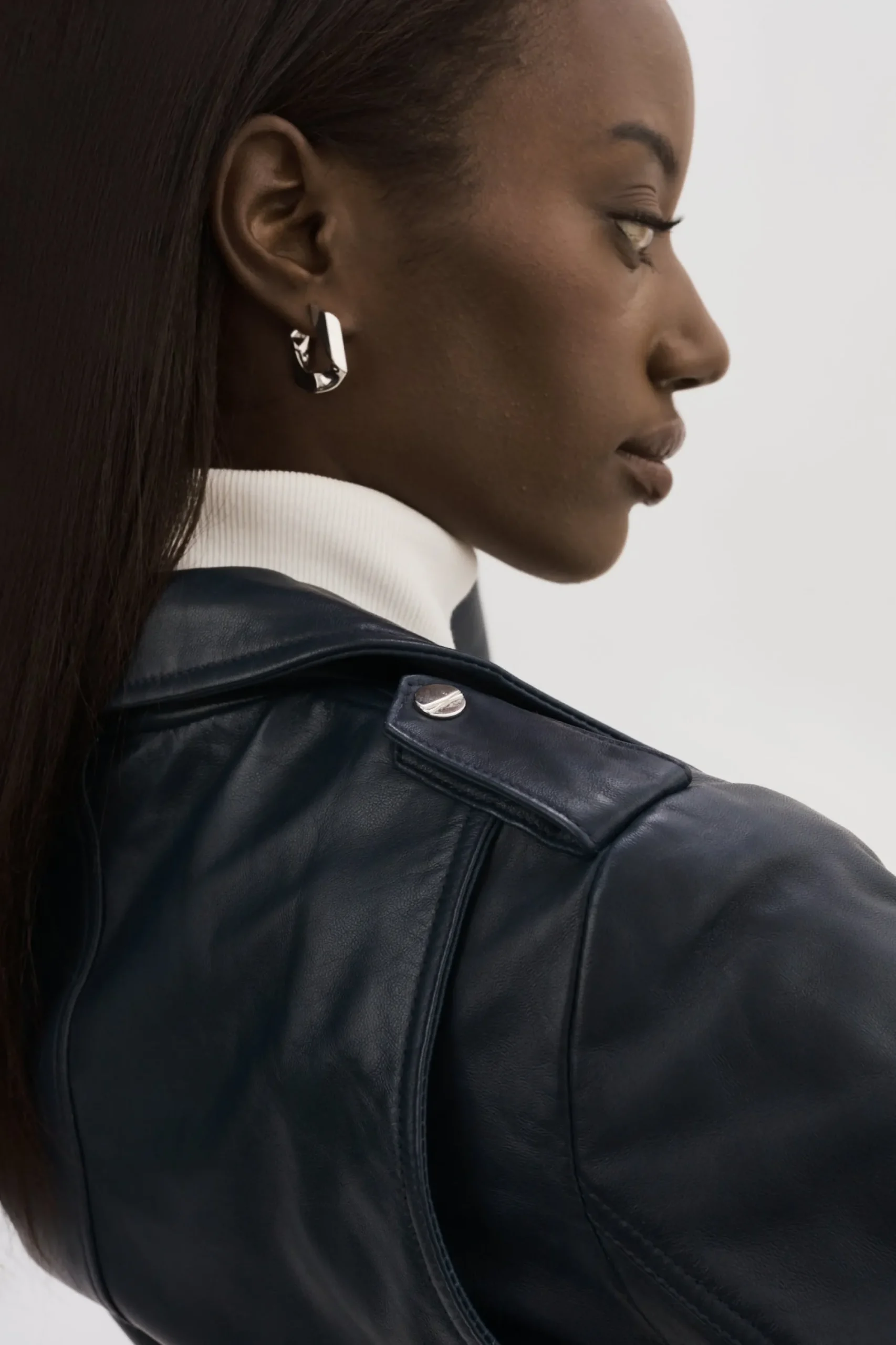 Clearance LAMARQUE HARPER | Fitted Leather Biker Jacket Navy
