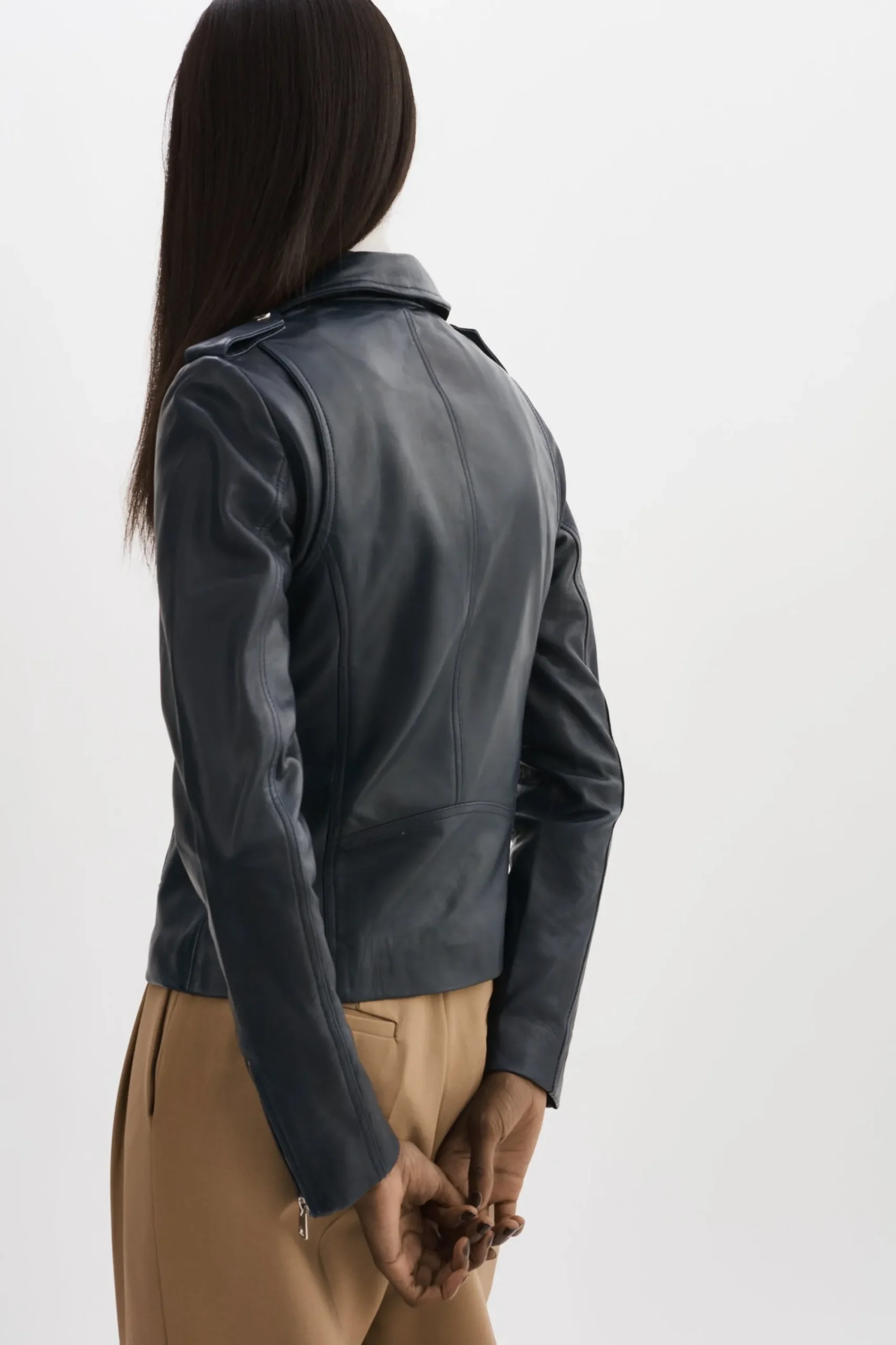 Clearance LAMARQUE HARPER | Fitted Leather Biker Jacket Navy