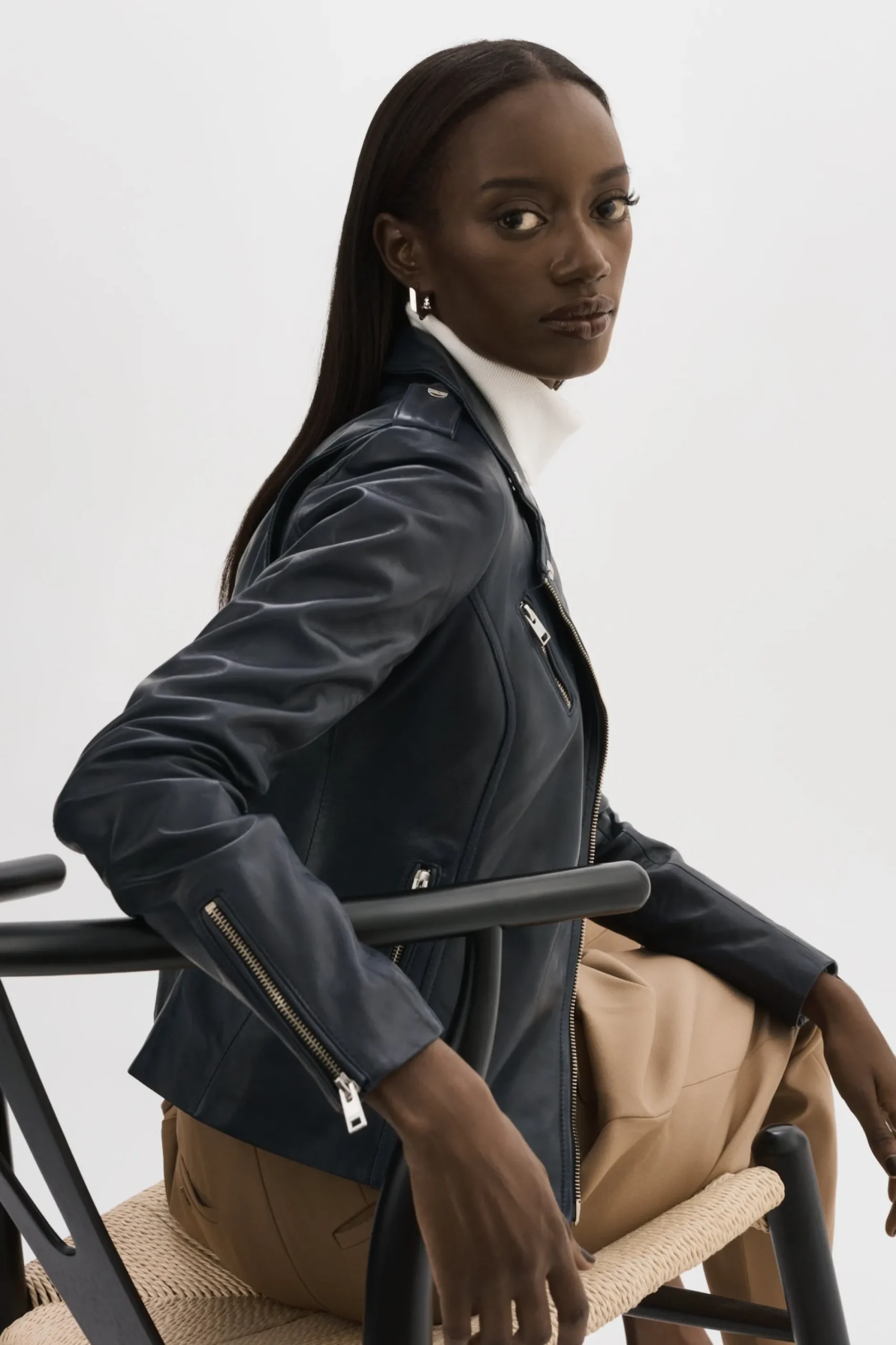 Clearance LAMARQUE HARPER | Fitted Leather Biker Jacket Navy