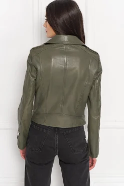 Clearance LAMARQUE HOLY | Leather Biker Jacket With Removable Hood Dusty Olive