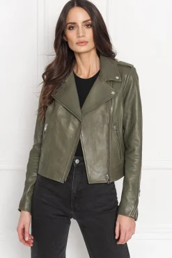 Clearance LAMARQUE HOLY | Leather Biker Jacket With Removable Hood Dusty Olive