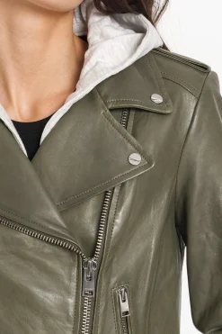Clearance LAMARQUE HOLY | Leather Biker Jacket With Removable Hood Dusty Olive