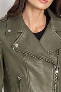 Clearance LAMARQUE HOLY | Leather Biker Jacket With Removable Hood Dusty Olive