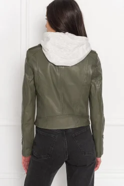Clearance LAMARQUE HOLY | Leather Biker Jacket With Removable Hood Dusty Olive