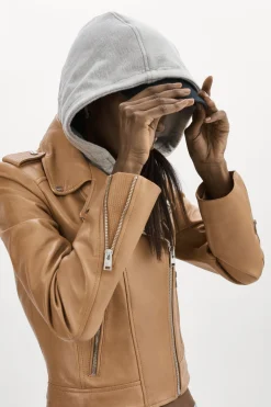 Clearance LAMARQUE HOLY | Leather Biker Jacket With Removable Hood Sesame