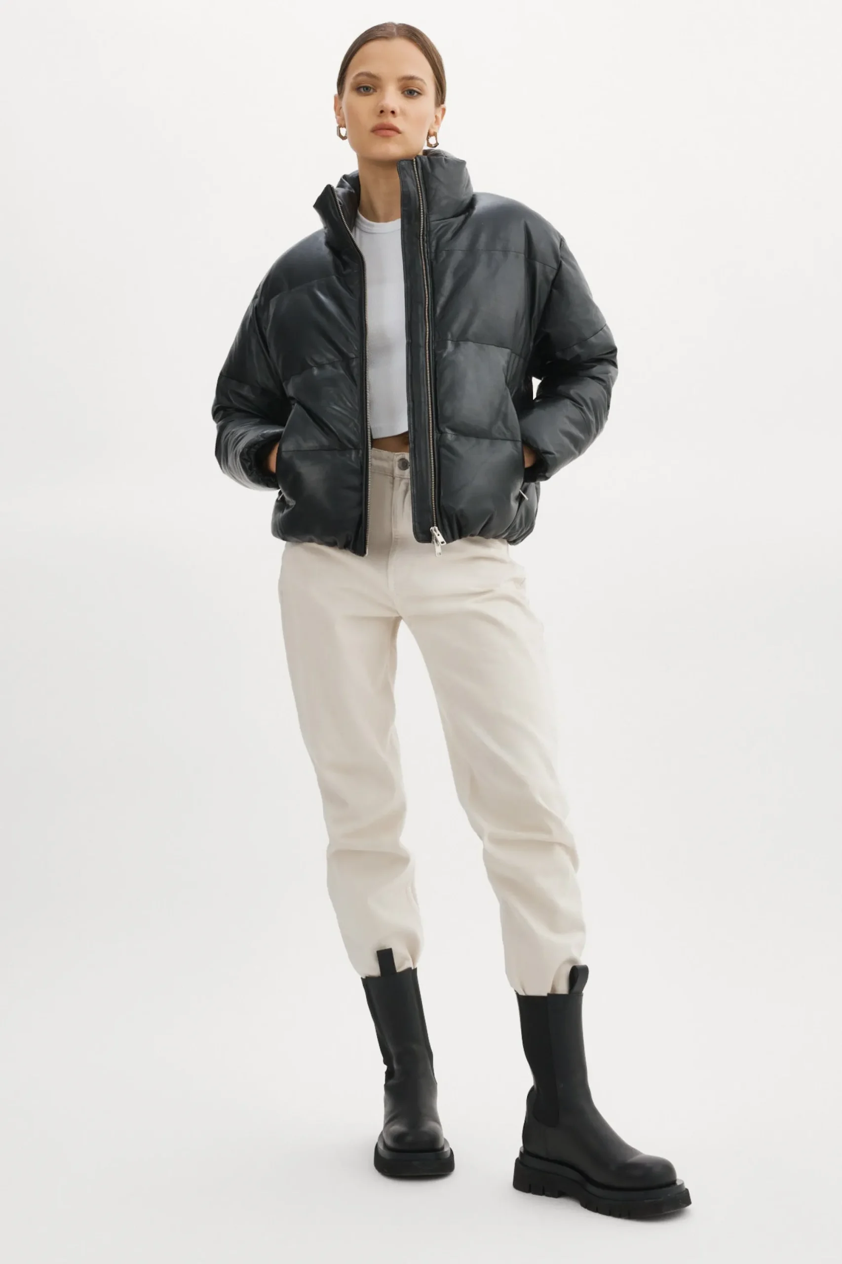 New LAMARQUE IRIS Leather Puffer Jacket Black