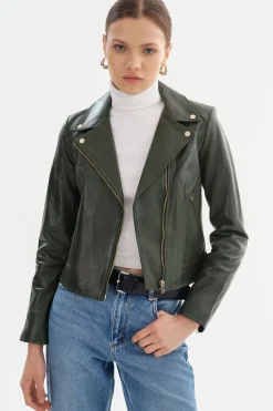 New LAMARQUE KELSEY | Biker Leather Jacket Champagne Hardware Dark Olive