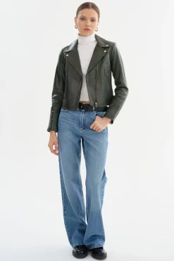 New LAMARQUE KELSEY | Biker Leather Jacket Champagne Hardware Dark Olive