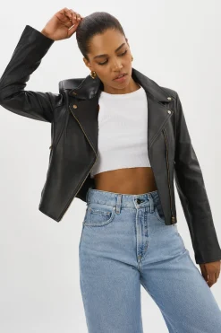 New LAMARQUE KELSEY GOLD | Leather Biker Jacket Black