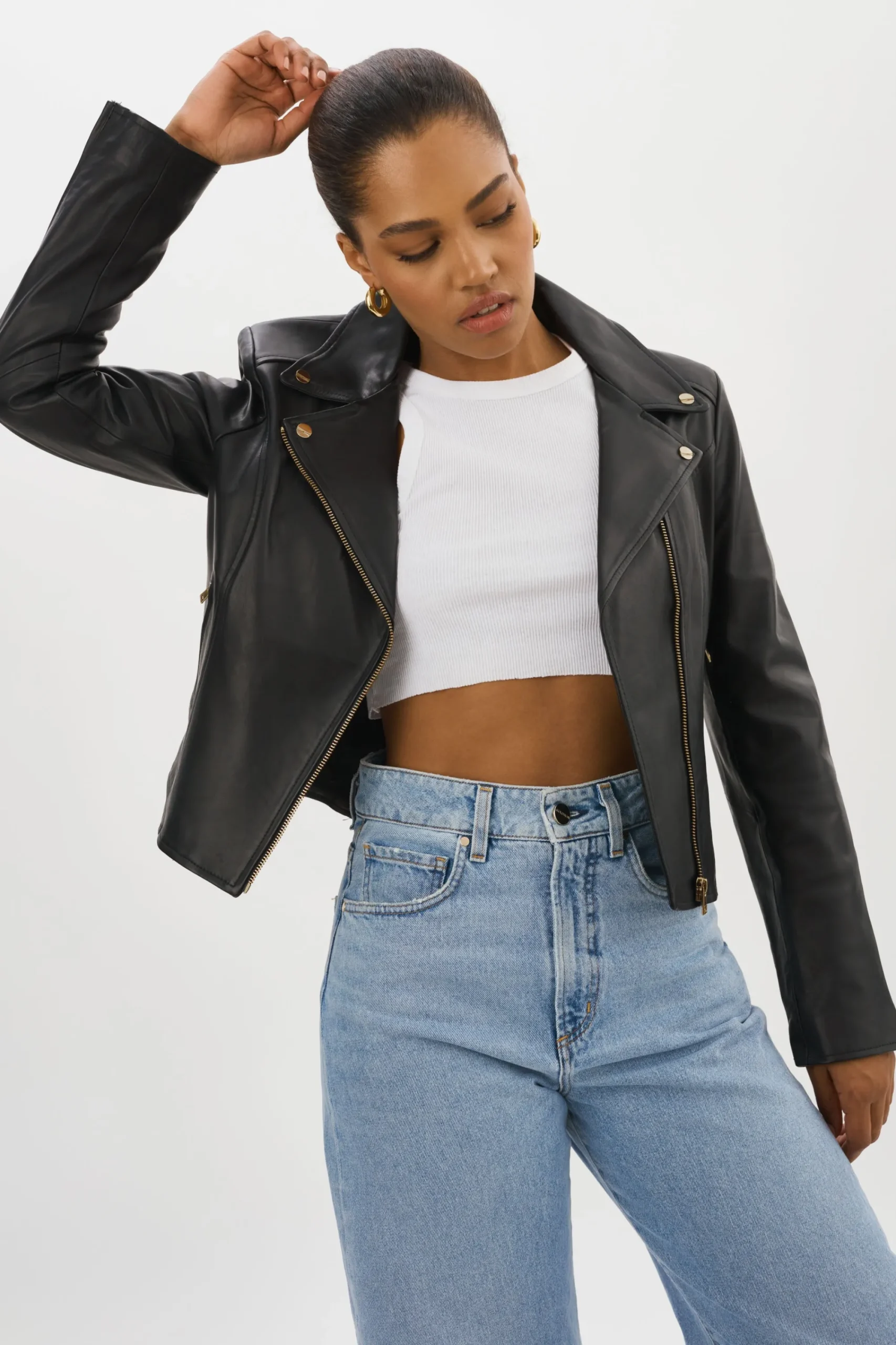 New LAMARQUE KELSEY GOLD | Leather Biker Jacket Black