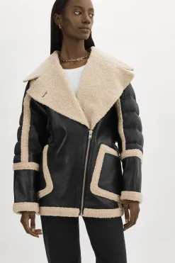 Store LAMARQUE LISA Oversized Mixed Media Cocoon Jacket Black/Ecru