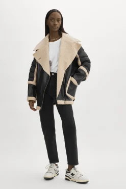 Store LAMARQUE LISA Oversized Mixed Media Cocoon Jacket Black/Ecru