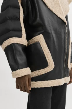 Store LAMARQUE LISA Oversized Mixed Media Cocoon Jacket Black/Ecru