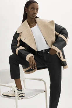 Store LAMARQUE LISA Oversized Mixed Media Cocoon Jacket Black/Ecru