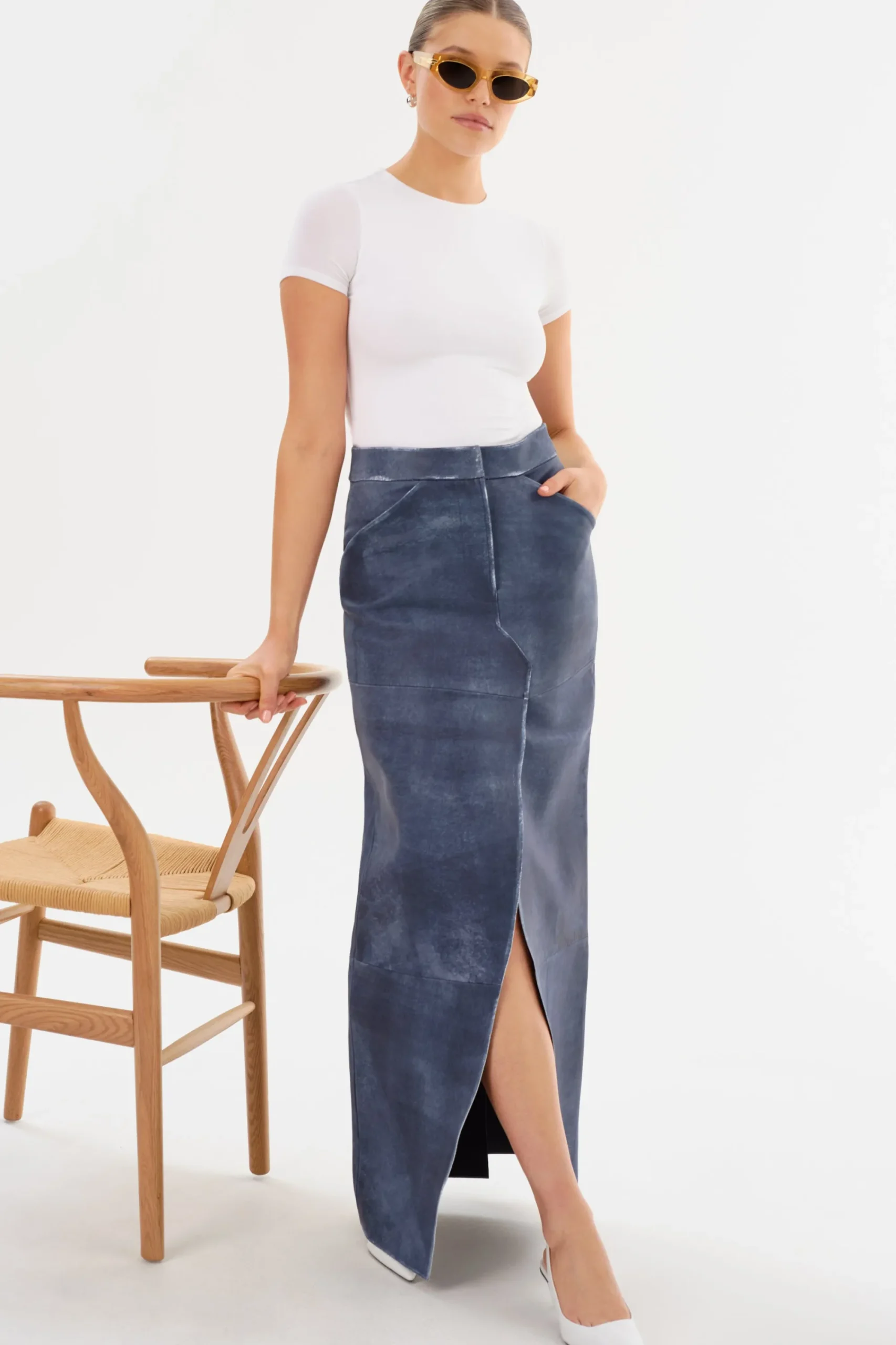 Shop LAMARQUE MARIETTE | Leather Maxi Skirt Dark Indigo