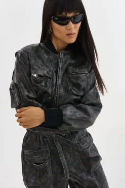 Sale LAMARQUE XAIA | Faux Leather Convertible Bomber Jacket Vintage Black