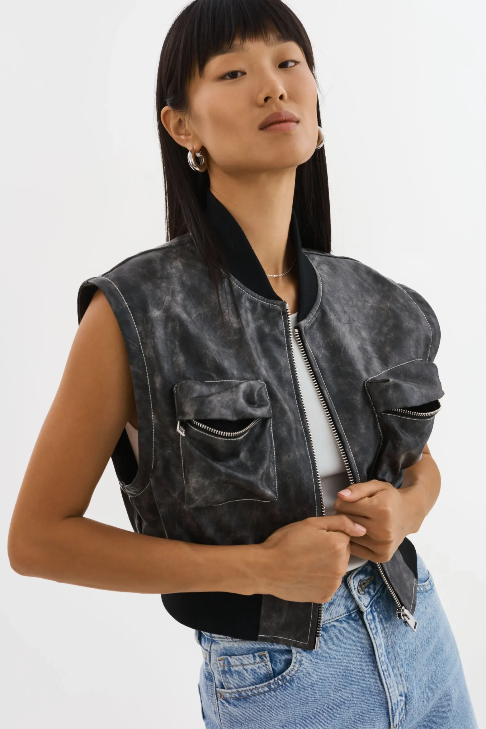 Sale LAMARQUE XAIA | Faux Leather Convertible Bomber Jacket Vintage Black