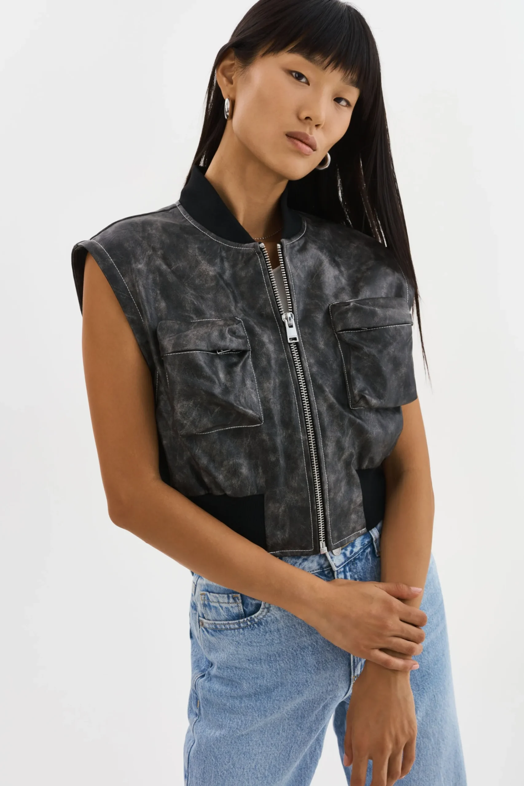 Sale LAMARQUE XAIA | Faux Leather Convertible Bomber Jacket Vintage Black